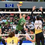 Angel Canino (No. 12) skies for a kill against Milena Alessandrino, giving the Lady Spikers, who celebrate the win in photo below, an offensive lift that proves crucial against the Tigresses. —UAAP PHOTOS   