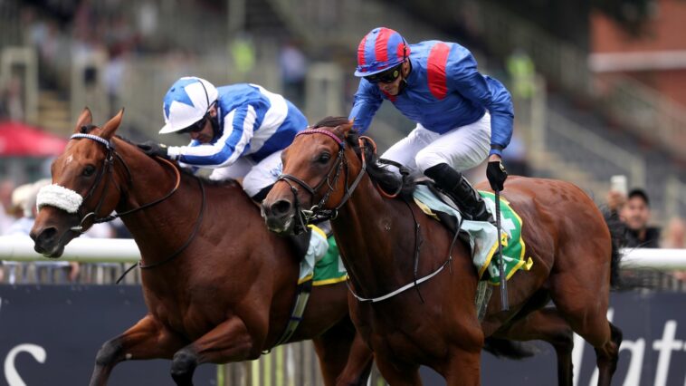 Foxes Tales (far side) battles it out at Newmarket