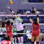 Thea Gagate (top) and the tall La Salle front line hopes to dominate the net more after a so-so performance in a win against University of the East. —UAAP MEDIA.