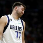 Luka Doncic #77 of the Dallas Mavericks reacts to a call during the first quarter of an NBA game against the New Orleans Pelicans at Smoothie King Center on March 08, 2023 in New Orleans, Louisiana.