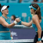 Mar 22, 2023; Miami, Florida, US; Bianca Andreescu (CAN) (L) shakes hands with Emma Raducanu (GBR) (R) after their match on day three of the Miami Open at Hard Rock Stadium. Mandatory Credit: Geoff Burke-USA TODAY Sports