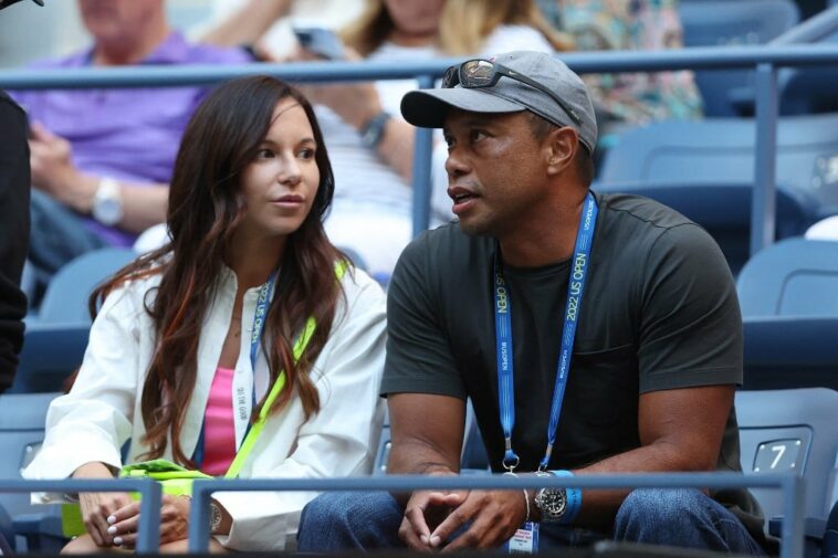 Erica Herman and Tiger Woods look on prior to the Women's Singles Second Round match between Anett Kontaveit of Estonia and Serena Williams of the United States on Day Three of the 2022 US Open at USTA Billie Jean King National Tennis Center on August 31, 2022 in the Flushing neighborhood of the Queens borough of New York City.