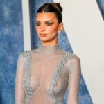 BEVERLY HILLS, CALIFORNIA - MARCH 12: (EDITOR'S NOTE: Image contains partial nudity.) Emily Ratajkowski attends the 2023 Vanity Fair Oscar Party Hosted By Radhika Jones at Wallis Annenberg Center for the Performing Arts on March 12, 2023 in Beverly Hills, California. (Photo by Leon Bennett/FilmMagic)