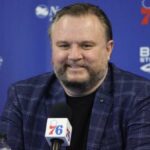 CAMDEN, NEW JERSEY - FEBRUARY 15: President of basketball operations Daryl Morey looks on during a press conference at the Seventy Sixers Practice Facility on February 15, 2022 in Camden, New Jersey.