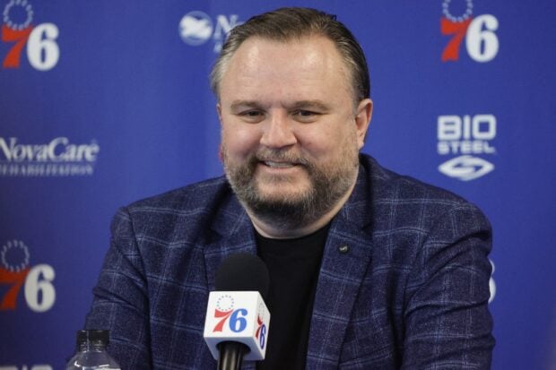 CAMDEN, NEW JERSEY - FEBRUARY 15: President of basketball operations Daryl Morey looks on during a press conference at the Seventy Sixers Practice Facility on February 15, 2022 in Camden, New Jersey.