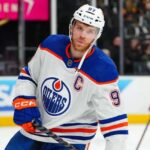 May 3, 2023; Las Vegas, Nevada, USA; Edmonton Oilers center Connor McDavid (97) warms up before the start of game one of the second round of the 2023 Stanley Cup Playoffs against the Vegas Golden Knights at T-Mobile Arena.