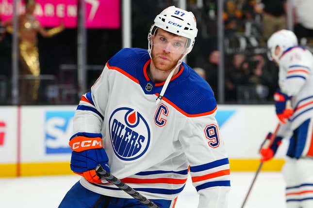 May 3, 2023; Las Vegas, Nevada, USA; Edmonton Oilers center Connor McDavid (97) warms up before the start of game one of the second round of the 2023 Stanley Cup Playoffs against the Vegas Golden Knights at T-Mobile Arena.