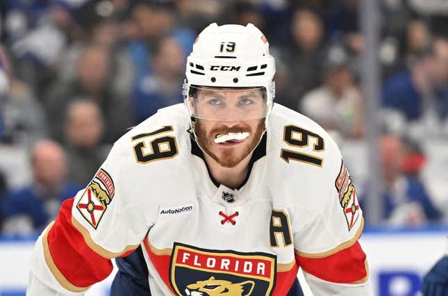 May 12, 2023; Toronto, Ontario, CAN;  Florida Panthers forward Matthew Tkachuk (19) prepares for a faceoff against the Toronto Maple Leafs in the second period in game five of the second round of the 2023 Stanley Cup Playoffs at Scotiabank Arena.