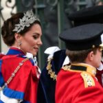 Kate, Princess of Wales arrives at Westminster Abbey prior to the coronation ceremony of Britain's King Charles III in London wearing a floral tiara. Shop the look here