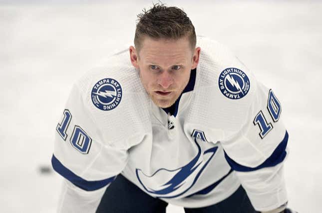 May 2, 2022; Toronto, Ontario, CAN;  Tampa Bay Lightning forward Corey Perry (10) warms up before playing the Toronto Maple Leafs in game one of the first round of the 2022 Stanley Cup Playoffs at Scotiabank Arena.