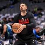 Apr 7, 2023; Dallas, Texas, USA; Chicago Bulls center Nikola Vucevic (9) warms up before the game against the Dallas Mavericks at the American Airlines Center.