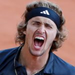 Alexander Zverev celebrates winning his quarterfinal match at the French Open