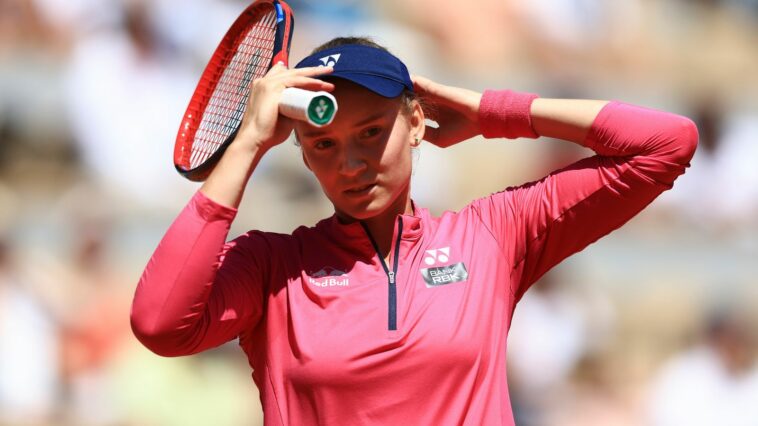 Kazakhstan's Elena Rybakina adjusts her cap during the second round match of the French Open tennis tournament against Linda Noskova of the Czech Republic at the Roland Garros stadium in Paris, Thursday, June 1, 2023. (AP Photo/Aurelien Morissard)