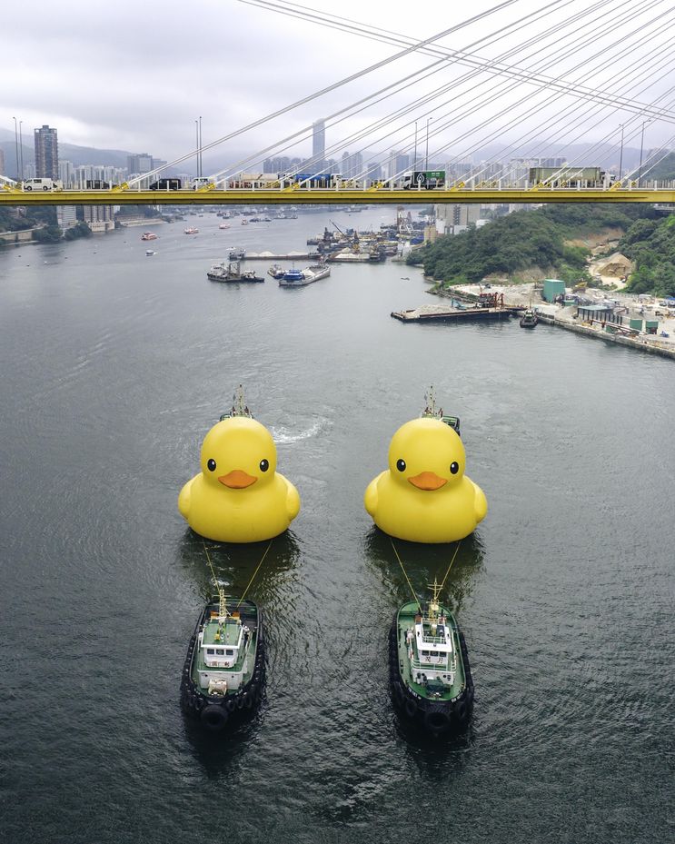 Giant rubber duck floating in Hong Kong as part of artist's globetrotting installation deflates