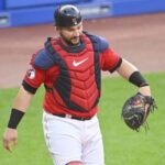 Jun 10, 2023; Cleveland, Ohio, USA; Cleveland Guardians catcher Mike Zunino (10) reacts after a passed ball in the sixth inning against the Houston Astros at Progressive Field.