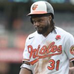 May 29, 2023; Baltimore, Maryland, USA; Baltimore Orioles center fielder Cedric Mullins (31) reacts after being removed from the game durng the ninth inning against the Cleveland Guardians  at Oriole Park at Camden Yards.