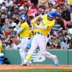 Jun 18, 2023; Boston, Massachusetts, USA; Boston Red Sox right fielder Alex Verdugo (99) hits a double against the New York Yankees during the third inning at Fenway Park.