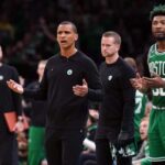 May 29, 2023; Boston, Massachusetts, USA; Boston Celtics head coach Joe Mazzulla reacts in the second quarter against the Miami Heat during game seven of the Eastern Conference Finals for the 2023 NBA playoffs at TD Garden.