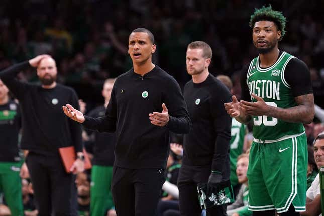 May 29, 2023; Boston, Massachusetts, USA; Boston Celtics head coach Joe Mazzulla reacts in the second quarter against the Miami Heat during game seven of the Eastern Conference Finals for the 2023 NBA playoffs at TD Garden.