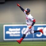 Jul 21, 2023; Minneapolis, Minnesota, USA; Minnesota Twins designated hitter Byron Buxton (25) celebrates hitting a three-run home run against the Chicago White Sox in the first inning at Target Field.