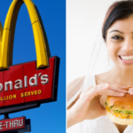 Pictures of the McDonald's logo and a bride eating a burger