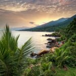 View of Ilhabela Island coastline at sunset in Sao Paolo state, Brazil