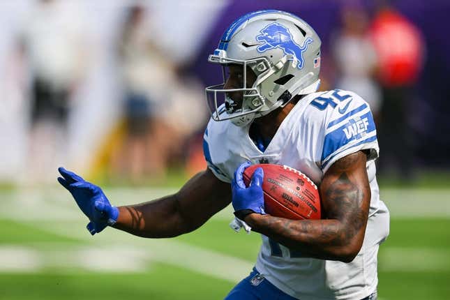 Sep 25, 2022; Minneapolis, Minnesota, USA; Detroit Lions running back Justin Jackson (42) in action against the Minnesota Vikings at U.S. Bank Stadium.