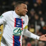 Paris Saint-Germain's French forward Kylian Mbappe celebrates after scoring a goal during the French Cup round of 32 football match between US Pays de Cassel and Paris Saint-Germain (PSG) at the Bollaert-Delelis stadium in Lens, northern France on January 23, 2023.