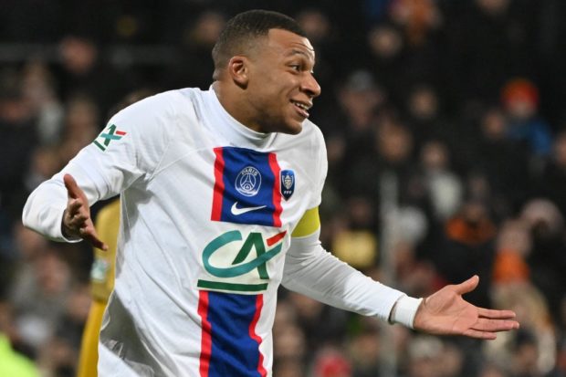 Paris Saint-Germain's French forward Kylian Mbappe celebrates after scoring a goal during the French Cup round of 32 football match between US Pays de Cassel and Paris Saint-Germain (PSG) at the Bollaert-Delelis stadium in Lens, northern France on January 23, 2023.