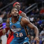 Feb 25, 2023; Detroit, Michigan, USA;Detroit Pistons center Isaiah Stewart (28) and Toronto Raptors forward Pascal Siakam (43) look for a rebound in the first half at Little Caesars Arena.