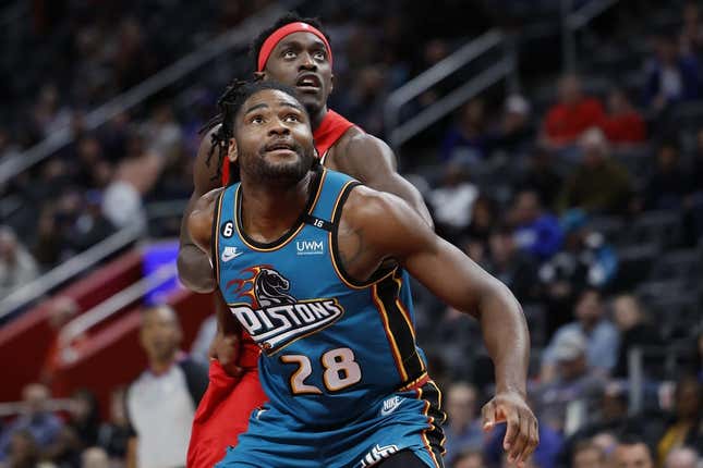 Feb 25, 2023; Detroit, Michigan, USA;Detroit Pistons center Isaiah Stewart (28) and Toronto Raptors forward Pascal Siakam (43) look for a rebound in the first half at Little Caesars Arena.