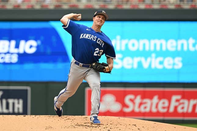 Jul 4, 2023; Minneapolis, Minnesota, USA; Kansas City Royals starting pitcher Zack Greinke (23) throws a pitch against the Minnesota Twins during the first inning at Target Field.