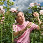 man cutting roses