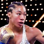 NEW YORK, NEW YORK - FEBRUARY 04: Alycia Baumgardner during her fight against Elhem Mekhaled(not pictured), during their fight for Baumgardner's WBC, WBO and IBF junior lightweight titles and the vacant WBA junior lightweight title at The Hulu Theater at Madison Square Garden on February 04, 2023 in New York City. (Photo by Rich Graessle/Icon Sportswire) (Icon Sportswire via AP Images)