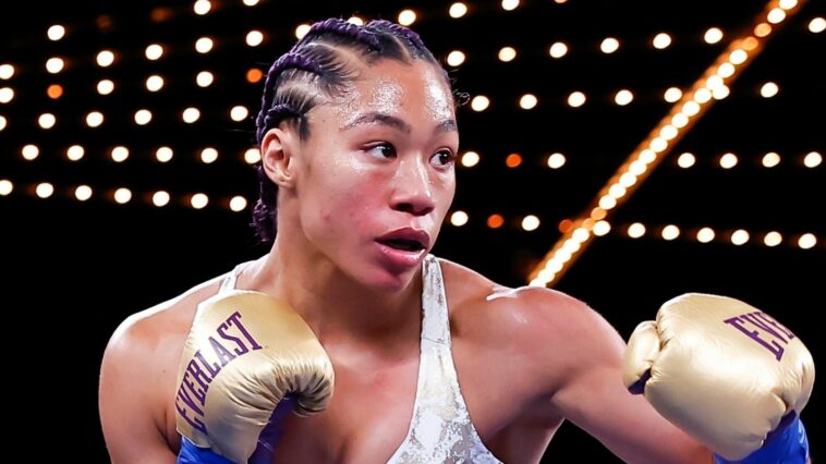 NEW YORK, NEW YORK - FEBRUARY 04: Alycia Baumgardner during her fight against Elhem Mekhaled(not pictured), during their fight for Baumgardner's WBC, WBO and IBF junior lightweight titles and the vacant WBA junior lightweight title at The Hulu Theater at Madison Square Garden on February 04, 2023 in New York City. (Photo by Rich Graessle/Icon Sportswire) (Icon Sportswire via AP Images)