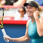 MONTREAL, QC - AUGUST 08: Caroline Wozniacki (DEN) reacts after her win after her first round match at WTA National Bank Open on August 08, 2023 at IGA Stadium in Montreal, QC (Photo by David Kirouac/Icon Sportswire) (Icon Sportswire via AP Images)