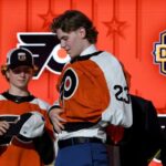 Jun 28, 2023; Nashville, Tennessee, USA; Philadelphia Flyers draft pick Oliver Bonk puts on his sweater after being selected with the twenty second pick in round one of the 2023 NHL Draft at Bridgestone Arena.