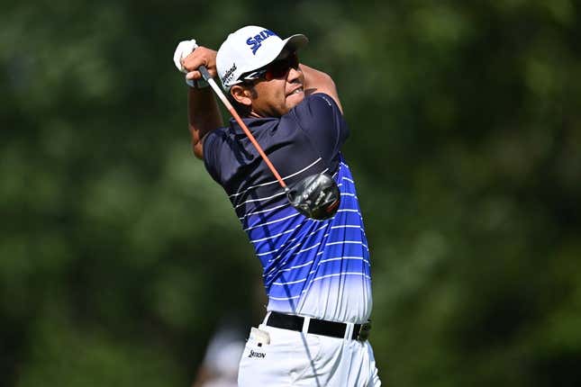 Aug 17, 2023; Olympia Fields, Illinois, USA; Hideki Matsuyama tees off from the 15th tee during the first round of the BMW Championship golf tournament.