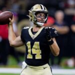 Aug 13, 2023; New Orleans, Louisiana, USA; New Orleans Saints quarterback Jake Haener (14) passes against the Kansas City Chiefs during the second half at the Caesars Superdome.