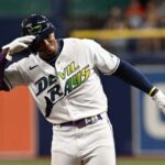 Aug 11, 2023; St. Petersburg, Florida, USA; Tampa Bay Rays shortstop Wander Franco (5) celebrates after hitting a two run single in the third inning  against the Cleveland Guardians at Tropicana Field.