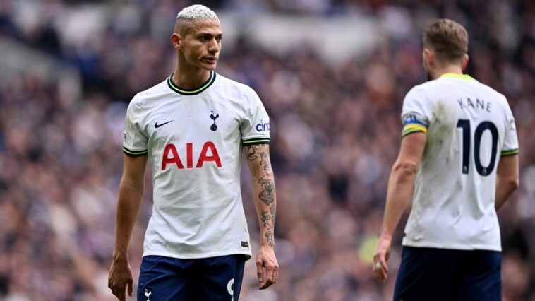 Richarlison of Tottenham Hotspur and Harry Kane of Tottenham Hotspur during the Premier League match between Tottenham Hotspur and Chelsea FC at Tottenham Hotspur Stadium on February 26, 2023 in London, England