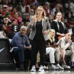 Aug 15, 2023; Las Vegas, Nevada, USA; Las Vegas Aces head coach Becky Hammon gestures to players during the second quarter against the New York Liberty at Michelob Ultra Arena.