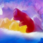 Two bear-shaped sweets 'embracing', close-up