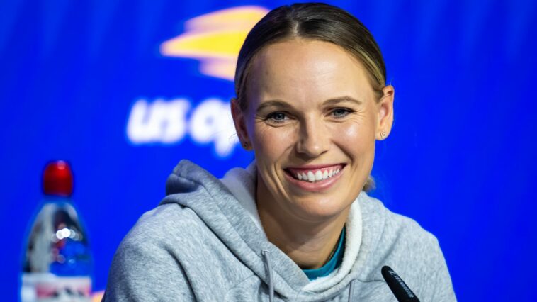 Caroline Wozniacki of Denmark talks to the press on Media Day ahead of the US Open at USTA Billie Jean King National Tennis Center on August 25, 2023 in New York City (Photo by Robert Prange/Getty Images)