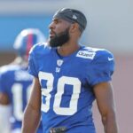 Aug 1, 2023; East Rutherford, NJ, USA; New York Giants wide receiver Jamison Crowder (80) looks on during training camp at the Quest Diagnostics Training Facility.