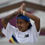 Philippines' Margielyn Arda Didal reacts after her first run in the skateboarding women's street final of the Tokyo 2020 Olympic Games at Ariake Sports Park in Tokyo on July 26, 2021