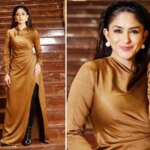 Mrunal Thakur exudes glamour in a brown thigh-high slit gown. See pics: