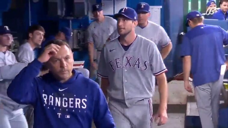 Rangers' Max Scherzer exits the game with a right triceps spasm while pitching against the Blue Jays.