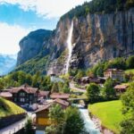 Spectacular view of Lauterbrunnen valley on a bright sunny day, Switzerland