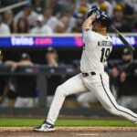 Jul 24, 2023; Minneapolis, Minnesota, USA;  Minnesota Twins infielder Alex Kirilloff (19) hits a double against the Seattle Mariners during the ninth inning at Target Field.